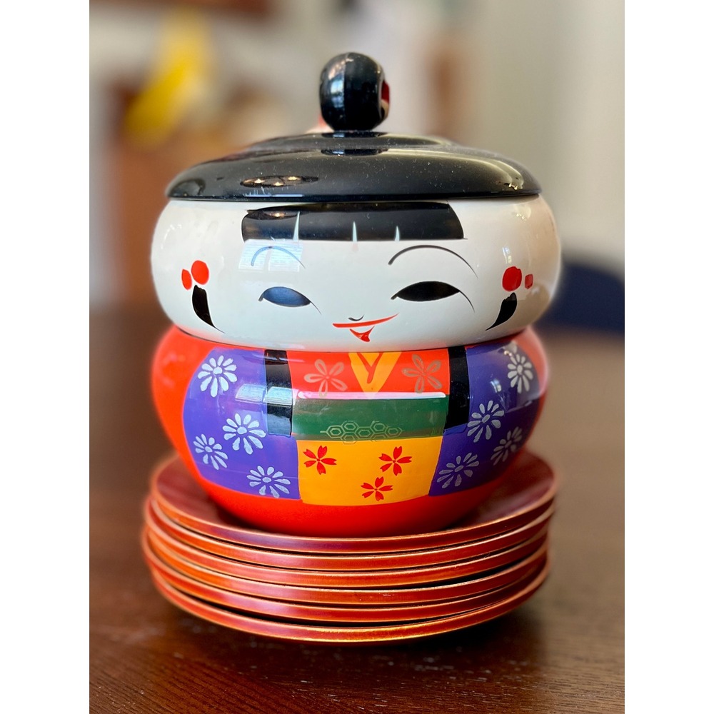 Vintage Japanese Kokeshi Stacking Doll Bowl Set Lidas Japan Red Saucer Plates
